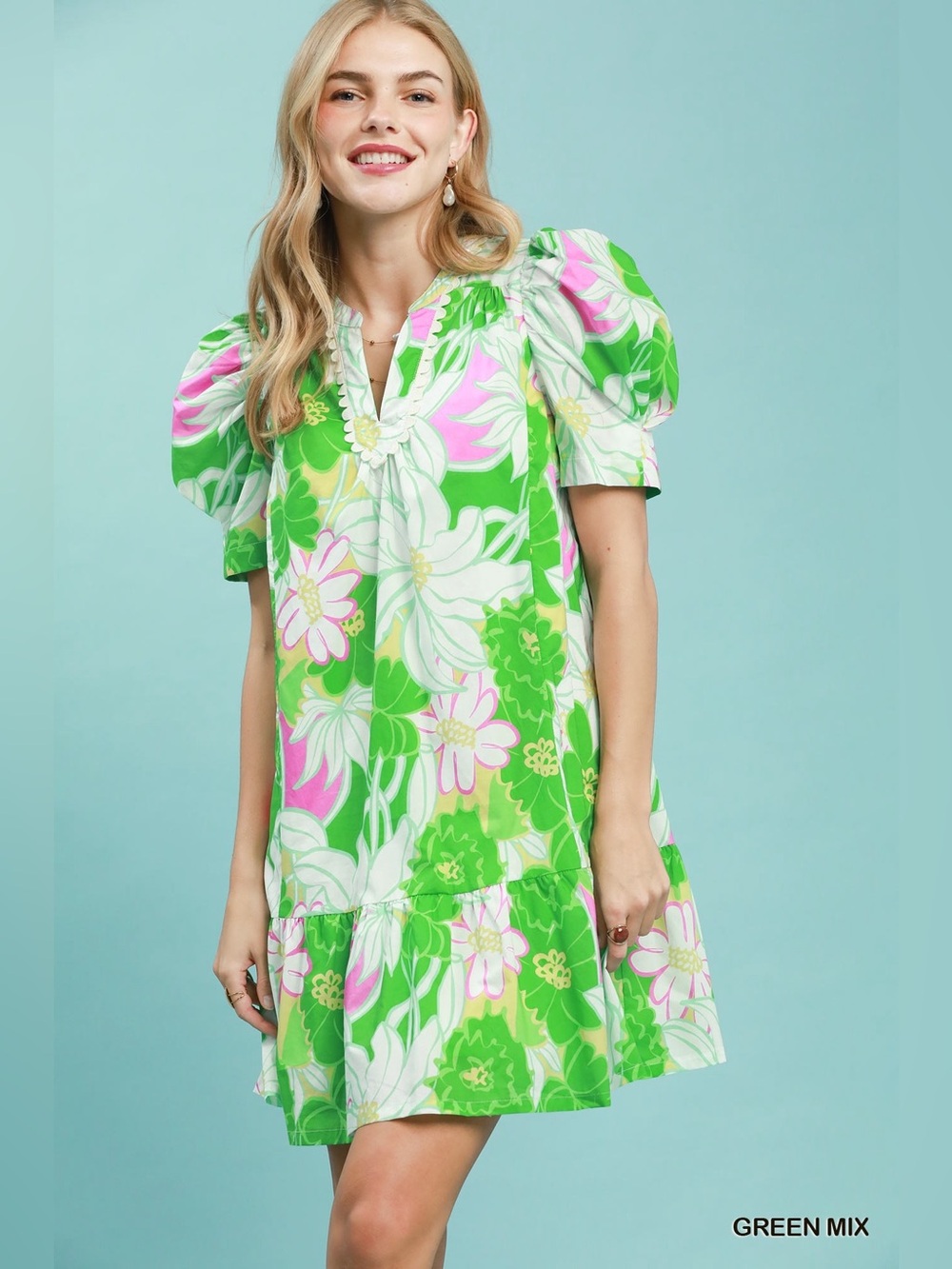 Umgee Floral Puff Sleeve Tiered Mini Dress